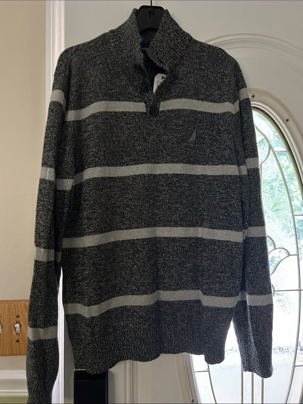 Nautica Men’s Gray Striped Shawl Collar Zip-Up Sweater